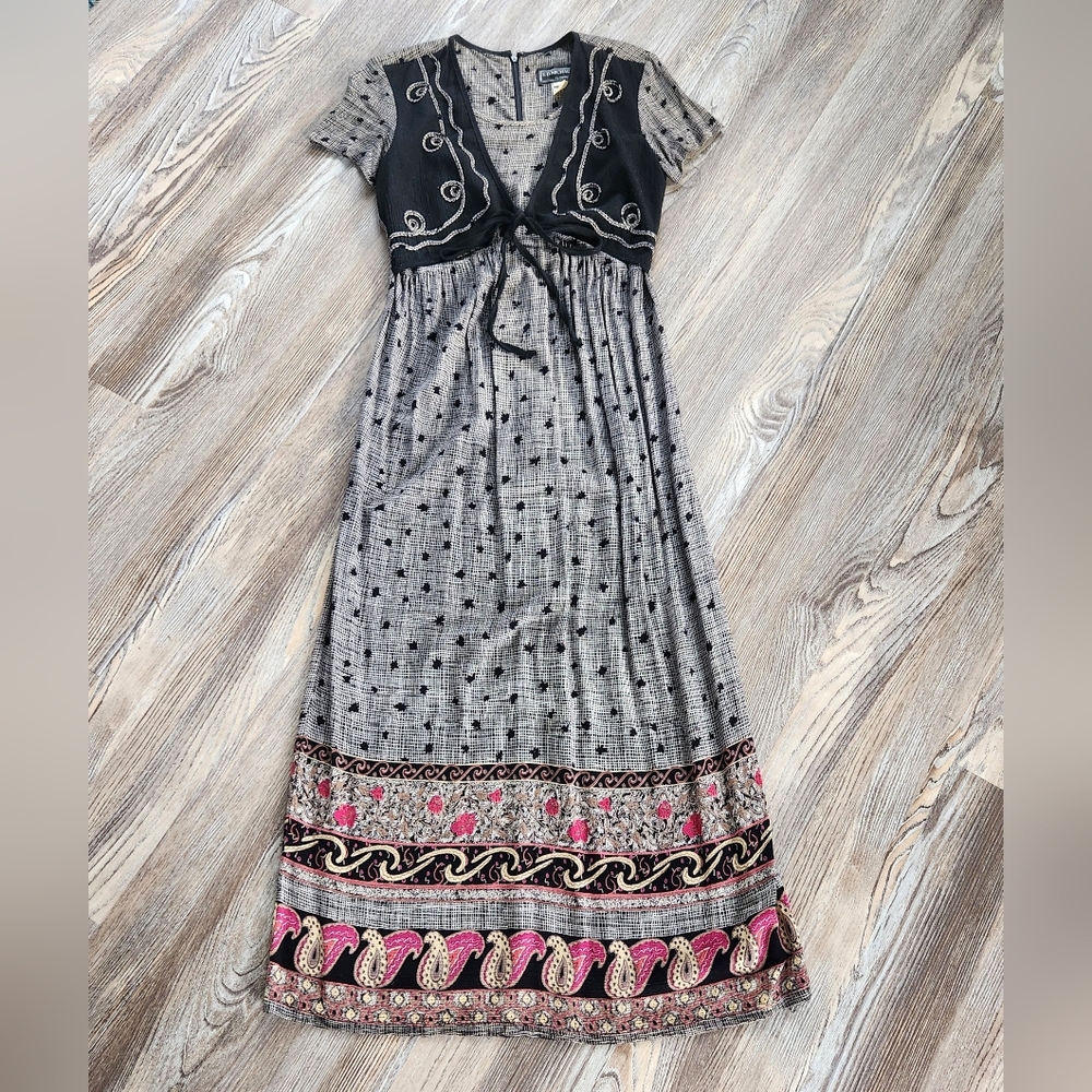 Vintage 70s Bodice Overlay Maxi Dress Women 6 Black Multi Color ED Michaels Boho